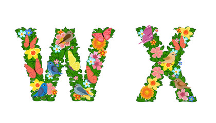 fancy collection of colorful letters W, X with butterflies and b