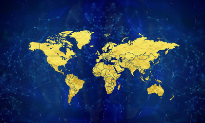 World map in gold wrap. Map in gold. World map on blue abstract background