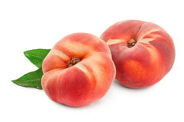 Ripe chinese flat peach fruit with leaf isolated on white background