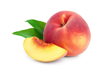 Ripe peach fruit and slice with leaf isolated on white background