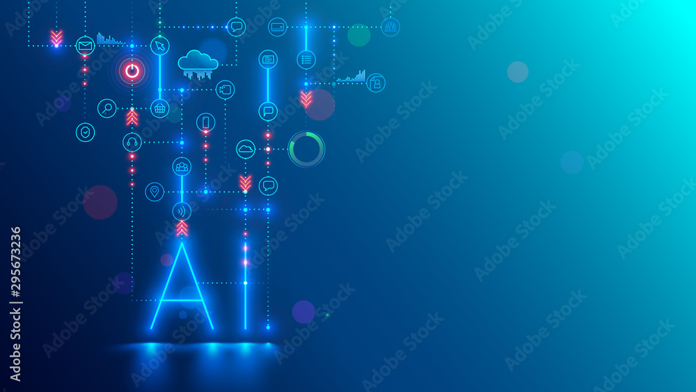 Aufkleber Artificial intelligence technology conceptual banner. AI neon letter in dark background links with icons. Tech analysis data. Machine learning of intellectual computer system of solution business task