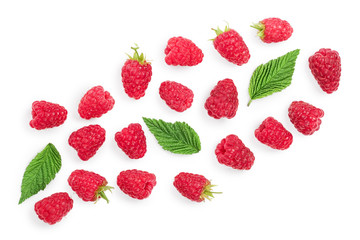 raspberries with leaves isolated on white background with copy space for your text. Top view. Flat lay pattern