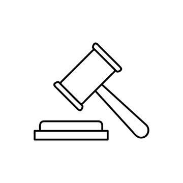 auction hammer, law and justice symbol, verdict thin line icon. Linear vector illustration. Pictogram isolated on white background