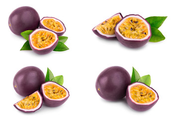 Set or collection whole passion fruits and a half with leaves isolated on white background....