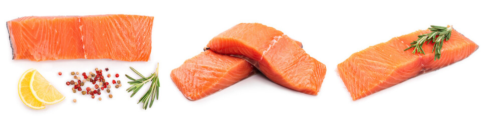 fillet of red fish salmon with lemon and rosemary isolated on white background. Top view. Flat lay