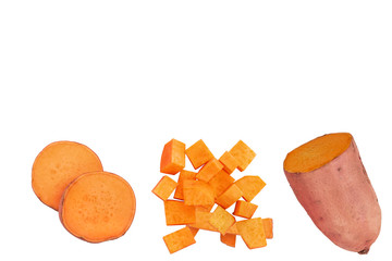 Sweet potato isolated on white background closeup. Top view. Flat lay.