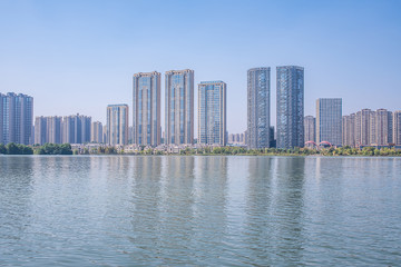Meixi Lake City Island Viewing Platform and Construction of Intensive Real Estate in Changsha City, Hunan Province, China
