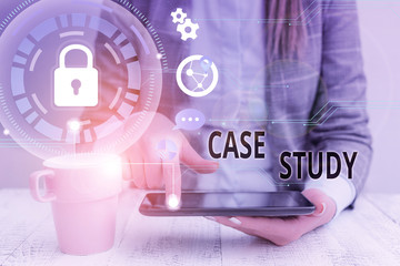 Conceptual hand writing showing Case Study. Concept meaning analysis and a specific research design for examining a problem Female human wear formal work suit presenting smart device