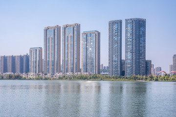 Fototapeta premium Meixi Lake City Island Viewing Platform and Construction of Intensive Real Estate in Changsha City, Hunan Province, China