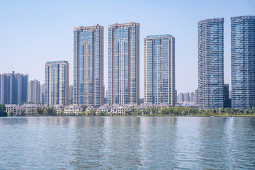 Fototapeta na wymiar Meixi Lake City Island Viewing Platform and Construction of Intensive Real Estate in Changsha City, Hunan Province, China