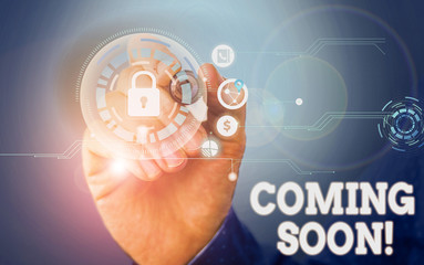 Text sign showing Coming Soon. Business photo showcasing event or action that will happen after really short time Picture photo system network scheme modern technology smart device