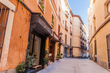 Narrow street in the center of Madrid, Spain