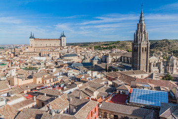 Aerial view of Toledo, Spain. Alcazar palace and the cathedral visible.