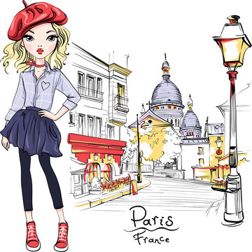 Vector fashion girl in Paris