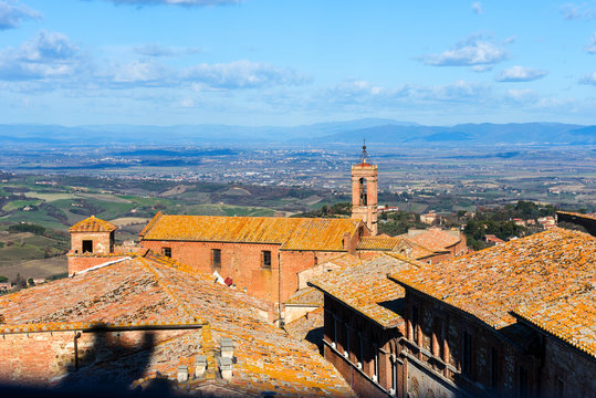 Picturesque Aerial View Of The Medieval Town Montepulciano In Tuscany, Italy. Aerial View Of The Historical Centre In Winter.