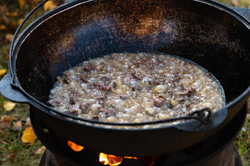 Cook pieces of meat on fire in a large cauldron. Boiled meat in a large cauldron. The horror of a vegetarian. Large pieces of meat are cooked on the street