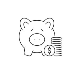 Stack of coins and piggy bank linear icon on white background. Editable stroke