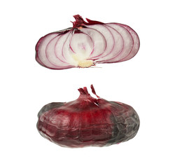 half red onion in husk isolated on a white background