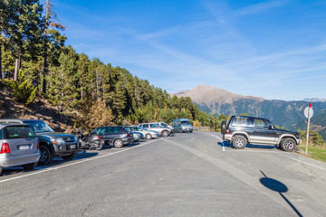 Fototapeta na wymiar LA SERRA, ANDORRA - OCTOBER 26, 2017: Parking lot at La Serra Ski resort, Andorra