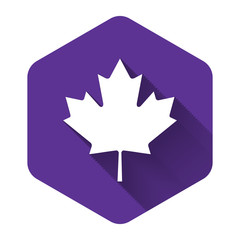 White Canadian maple leaf icon isolated with long shadow. Canada symbol maple leaf. Purple hexagon button. Vector Illustration