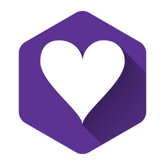 White Heart icon isolated with long shadow. Love symbol. Valentine's Day sign. Purple hexagon button. Vector Illustration