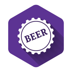 White Bottle cap with beer word icon isolated with long shadow. Purple hexagon button. Vector Illustration