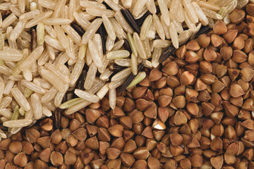 brown rice and buckwheat top view close-up