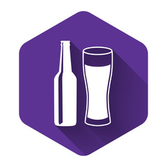 White Beer bottle and glass icon isolated with long shadow. Alcohol Drink symbol. Purple hexagon button. Vector Illustration