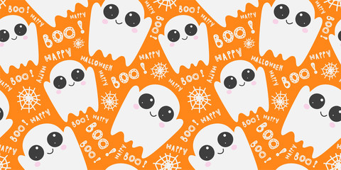 Vector pattern with cute cartoon ghosts on orange background. Festive Halloween template, print. Funny phantoms, spider web, congratulatory inscriptions. Creative design.