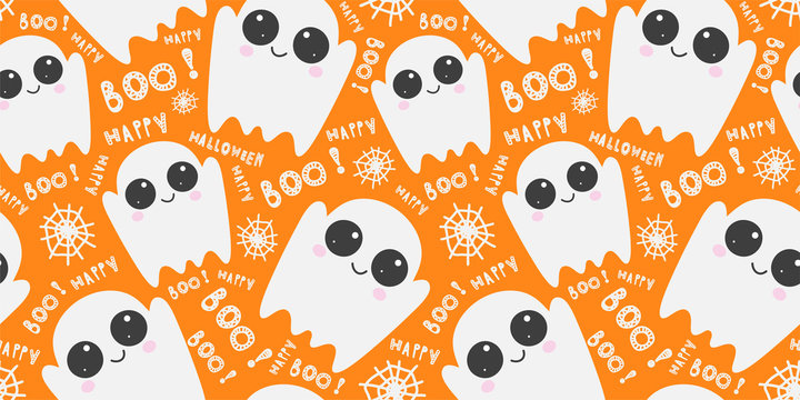 Vector pattern with cute cartoon ghosts on orange background. Festive Halloween template, print. Funny phantoms, spider web, congratulatory inscriptions. Creative design.