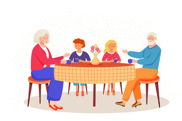 Retired people flat vector illustration. Children came to visit elderly relatives. Family pastime in dining room. Grandparents drink tea with kids cartoon characters