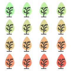 Icons of trees at different times of the year. Set of 16 colors. Colorful foliage. Vector on a white background