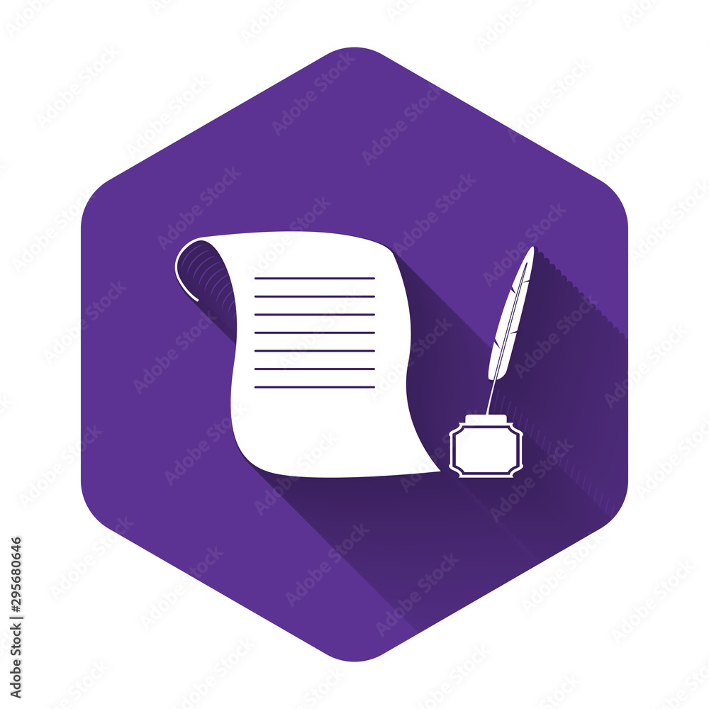 Poster white feather in the inkwell and paper scroll icon isolated with long shadow. purple hexagon button.