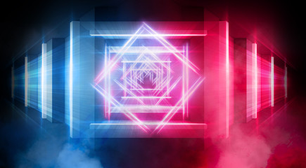 Wet asphalt, concrete, road. Night view of a dark neon scene. Neon lights, lines, rays of blue red neon. Abstract light, virtual scene.