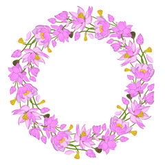 Obraz na płótnie Canvas Flowers and buds of pink lotuses, wreath