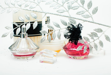 Jewelry table with lot of girl stuff on it, little mess in cosmetic brushes, women interior concept, perfume elegance things, little princess makeup