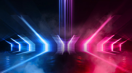 Wet asphalt, concrete, road. Night view of a dark neon scene. Neon lights, lines, rays of blue red neon. Abstract light, virtual scene.