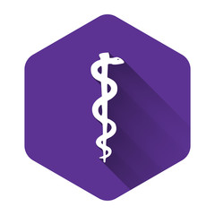 White Rod of asclepius snake coiled up silhouette icon isolated with long shadow. Emblem for drugstore or medicine, pharmacy snake symbol. Purple hexagon button. Vector Illustration