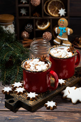 cozy winter drink hot chocolate on a wooden background, vertical