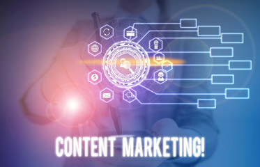 Conceptual hand writing showing Content Marketing. Concept meaning involves creation and sharing of online material Picture photo network scheme with modern smart device