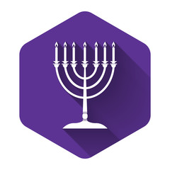 White Hanukkah menorah icon isolated with long shadow. Religion icon. Hanukkah traditional symbol. Holiday religion, jewish festival of Lights. Purple hexagon button. Vector Illustration