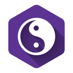 White Yin Yang symbol of harmony and balance icon isolated with long shadow. Purple hexagon button. Vector Illustration