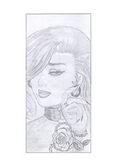 Pencil drawing grey illustration fantasy girl with rose