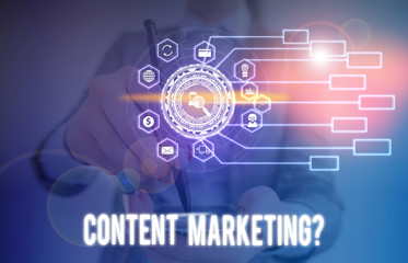 Conceptual hand writing showing Content Marketing Question. Concept meaning involves creation and sharing of online material Picture photo network scheme with modern smart device