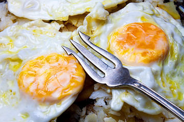 FIRST FLAT OF FRIED EGGS WITH FORK ON BASE OF FRIED POTATOES AND COW MIGS