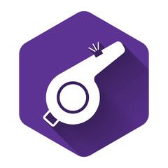 White Whistle icon isolated with long shadow. Referee symbol. Fitness and sport sign. Purple hexagon button. Vector Illustration