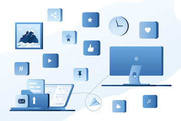 Social networking and messaging between smart gadgets. Web signs and buttons. Two modern workplace.