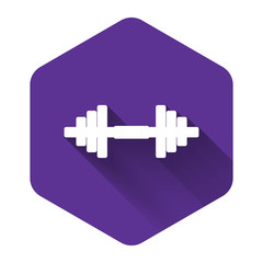 White Dumbbell icon isolated with long shadow. Muscle lifting icon, fitness barbell, gym icon, sports equipment symbol, exercise bumbbell. Purple hexagon button. Vector Illustration