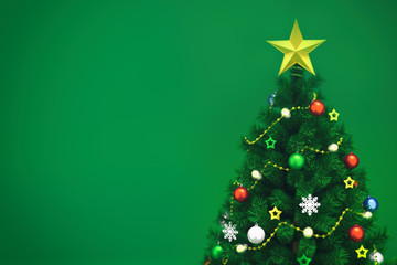 Decorated xmas tree isolated on green, top closeup view, christmas holiday 3D illustration background