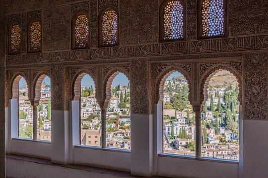 View from Mexuar Hall at Nasrid Palaces (Palacios Nazaries) at Alhambra in Granada, Spain